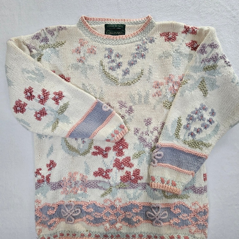 Cullinane Knitted by Hand Floral Cottagecore Ramie Cotton Sweater Sm. Pink Cream